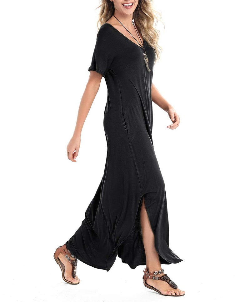 Arolina Women Summer Maxi Dress Short Sleeve V Neck Casual Loose Long Split Dresses Beach Vacation Sundress with Pockets Black - Image 4